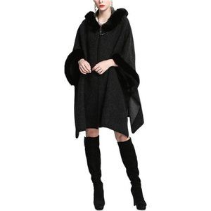 Women's Luxury Batwing Sleeve Faux Fur Hooded Cloak Poncho Sweater Cape, Black